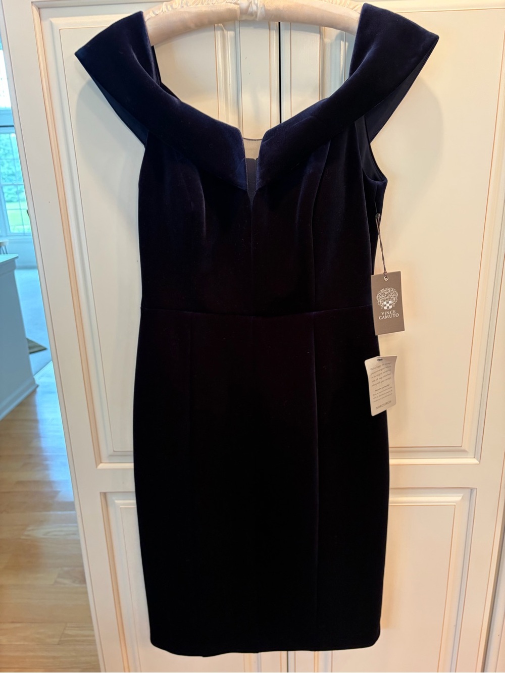 Vince Camuto Velvet Navy Off-Shoulder Sheath Midi Dress